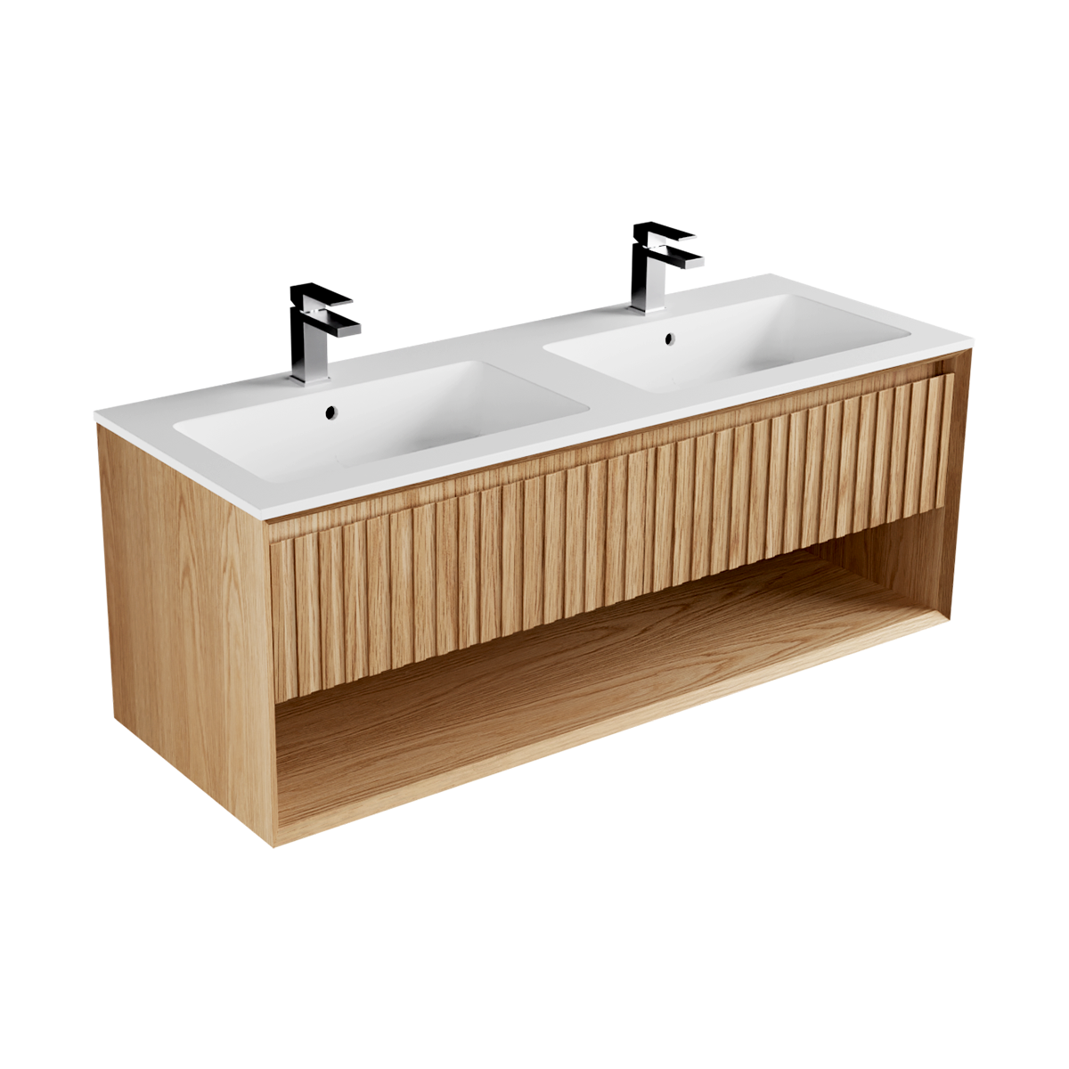 Plato Marmo 1400 2 Drawer Open Shelf Side by Side Double Basin Wall Hung Vanity