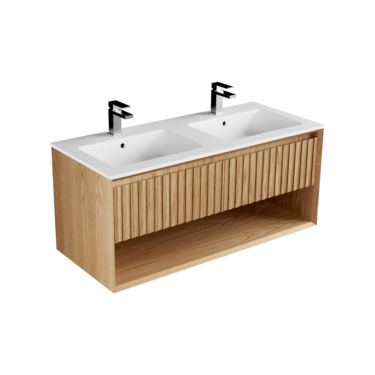 Plato Marmo 1200 2 Drawer Open Shelf Side by Side Double Basin Wall Hung Vanity