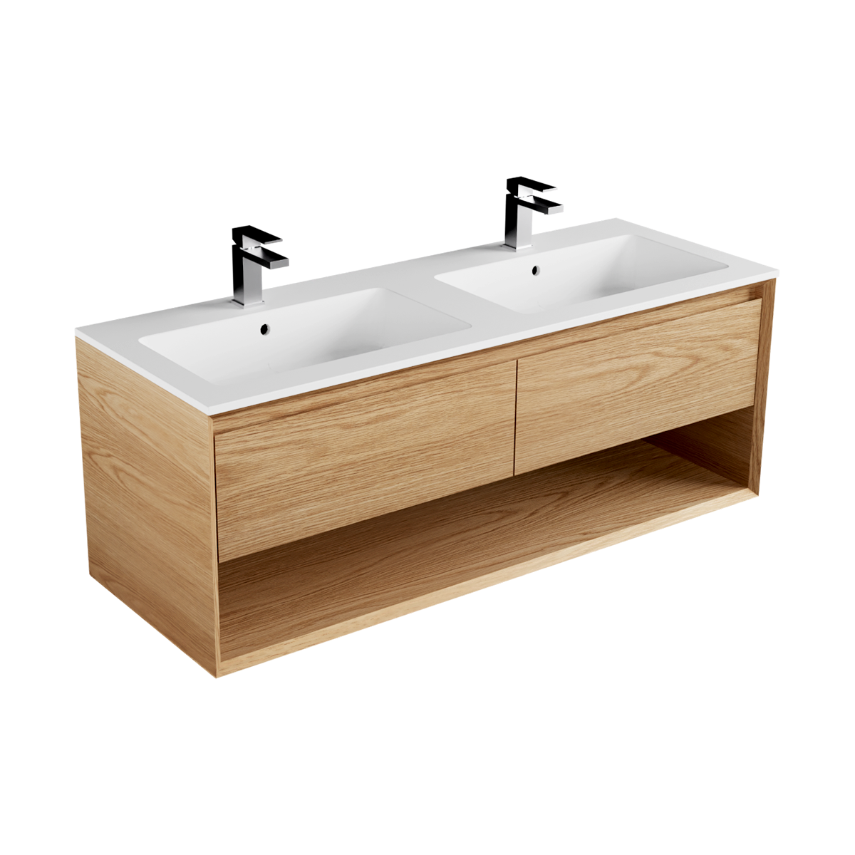 Edge Marmo 1400 2 Drawer Open Shelf Side by Side Double Basin Wall Hung Vanity